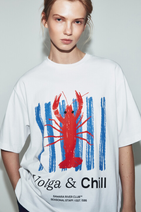 

Футболка хлопковая оверсайз с принтом, Белый, Футболка хлопковая оверсайз с принтом