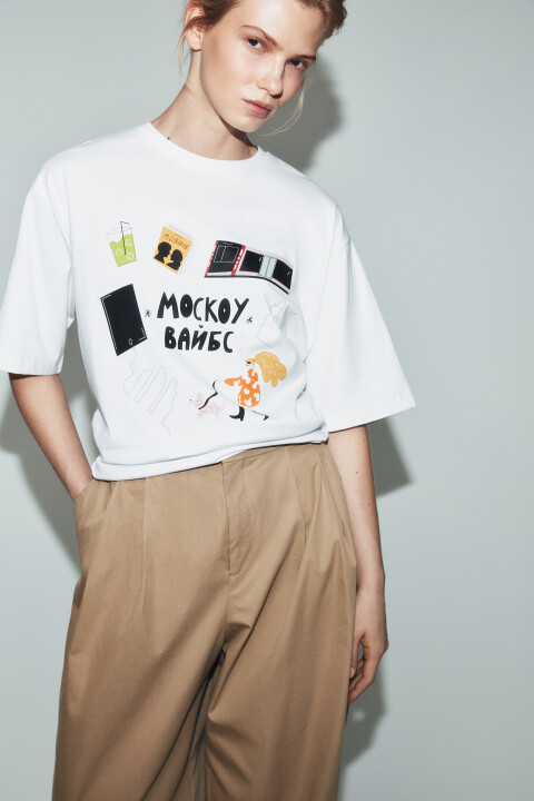 

Футболка хлопковая оверсайз с принтом, Белый, Футболка хлопковая оверсайз с принтом