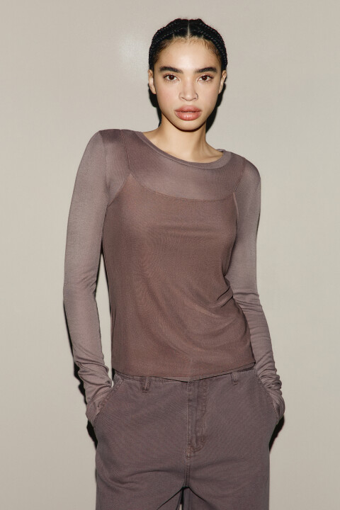 

Лонгслив с имитацией майки, Коричневый, Лонгслив с имитацией майки