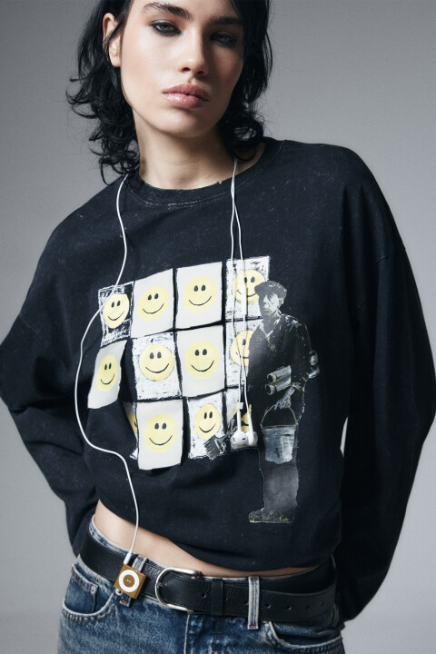 

Лонгслив хлопковый с принтом, Черный, Лонгслив хлопковый с принтом