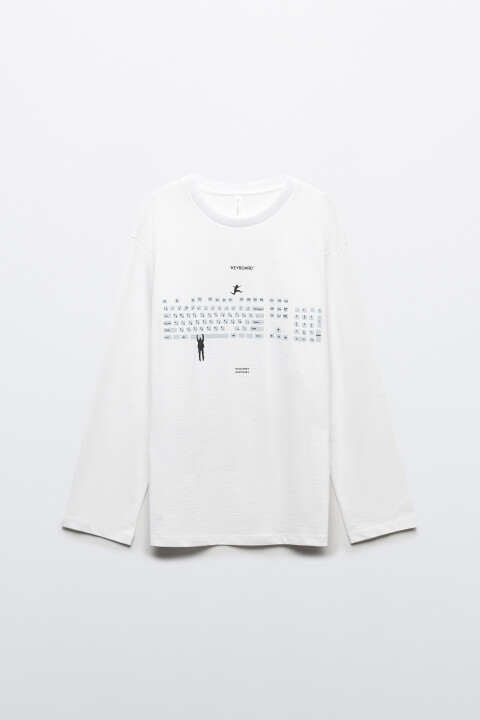 

Лонгслив хлопковый oversize с принтом, Белый, Лонгслив хлопковый oversize с принтом