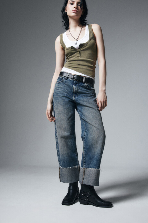 

Джинсы straight fit со средней посадкой и подворотами, Голубой, Джинсы straight fit со средней посадкой и подворотами