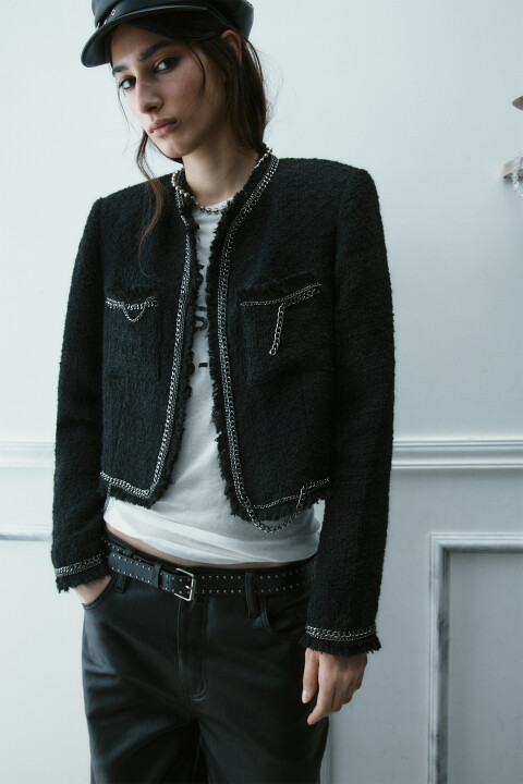 

Жакет твидовый с цепями и бахромой, Черный, Жакет твидовый с цепями и бахромой