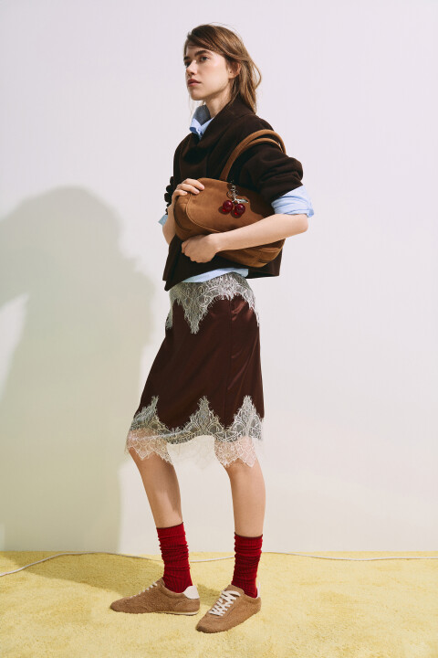 

Юбка-трапеция миди с кружевом, Бежевый, Юбка-трапеция миди с кружевом