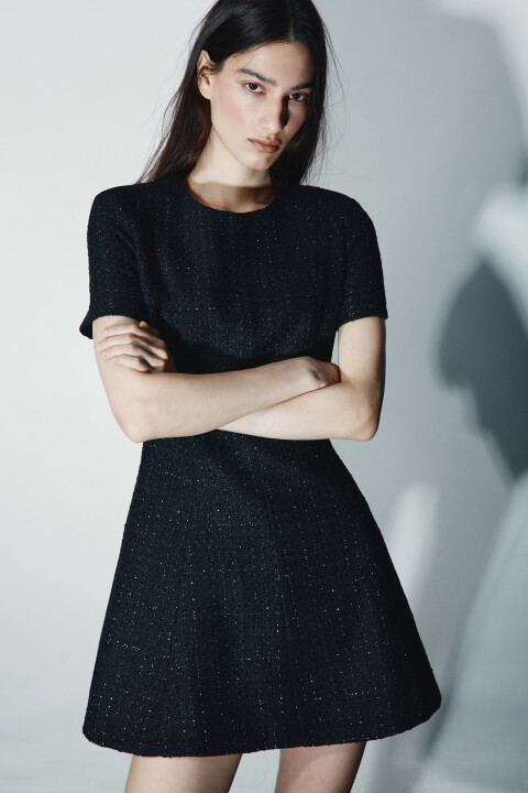 

Платье мини приталенное твидовое, Молочный, Платье мини приталенное твидовое