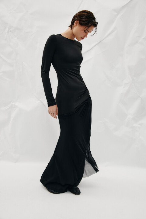 

Платье макси с юбкой из сетки, Черный, Платье макси с юбкой из сетки