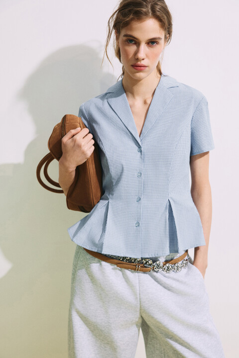 

Рубашка приталенная в клетку с защипами, Голубой, Рубашка приталенная в клетку с защипами