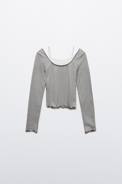 

Лонгслив полуприлегающий с имитацией майки, Серый, Лонгслив полуприлегающий с имитацией майки