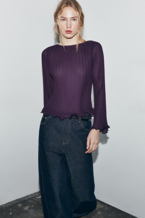 

Блузка в рубчик с воланами, Фиолетовый, Блузка в рубчик с воланами