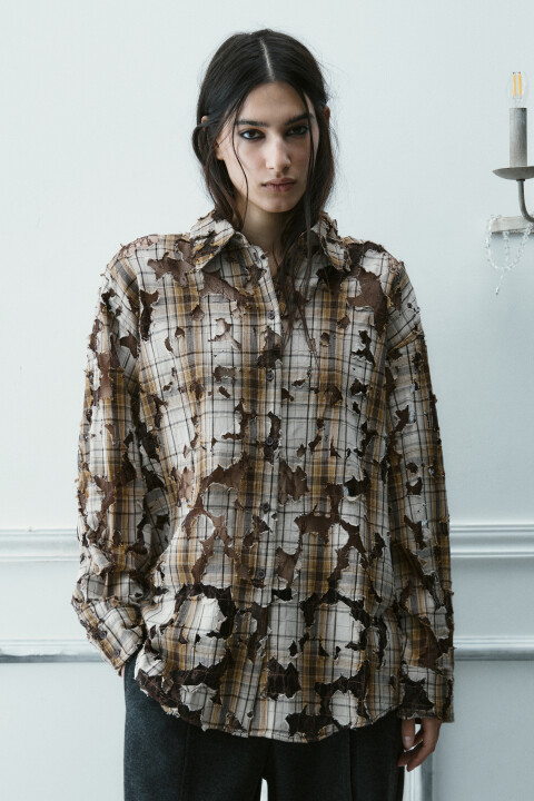 

Рубашка рваная с кружевным подслоем, Коричневый, Рубашка рваная с кружевным подслоем