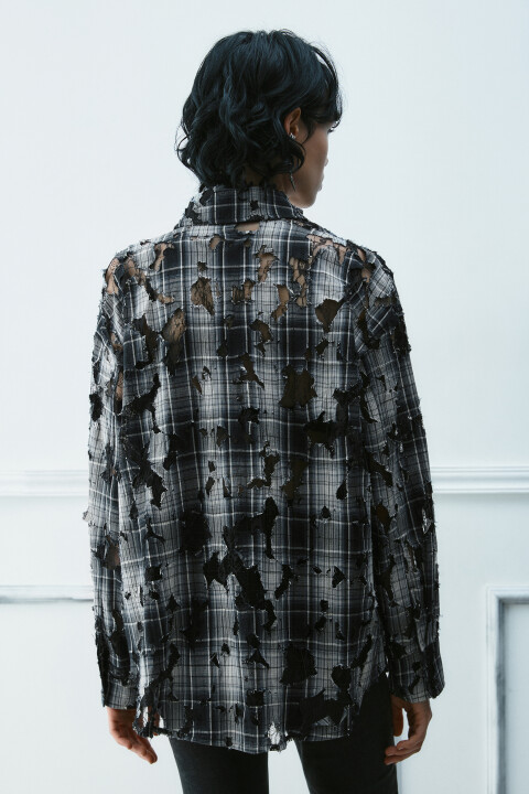 

Рубашка рваная с кружевным подслоем, Черный, Рубашка рваная с кружевным подслоем