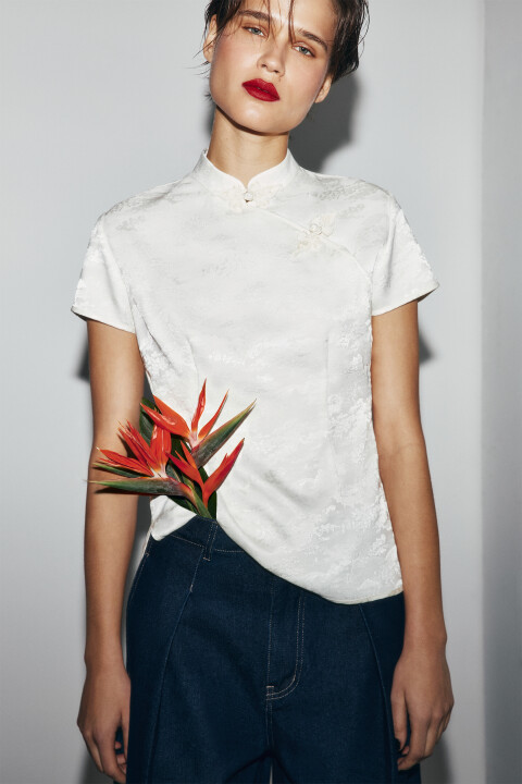 

Блузка атласная в азиатском стиле, Черный, Блузка атласная в азиатском стиле