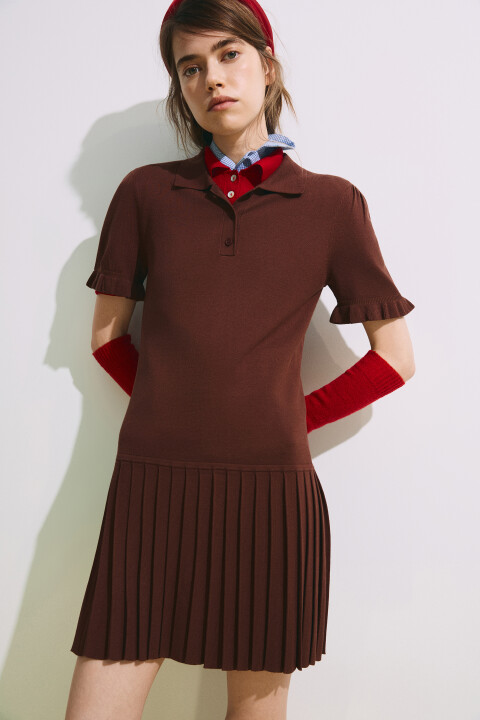 

Платье-поло мини с юбкой в складку, Коричневый, Платье-поло мини с юбкой в складку