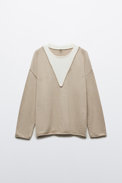 

Джемпер вязаный оверсайз с имитацией второго слоя, Бежевый, Джемпер вязаный оверсайз с имитацией второго слоя