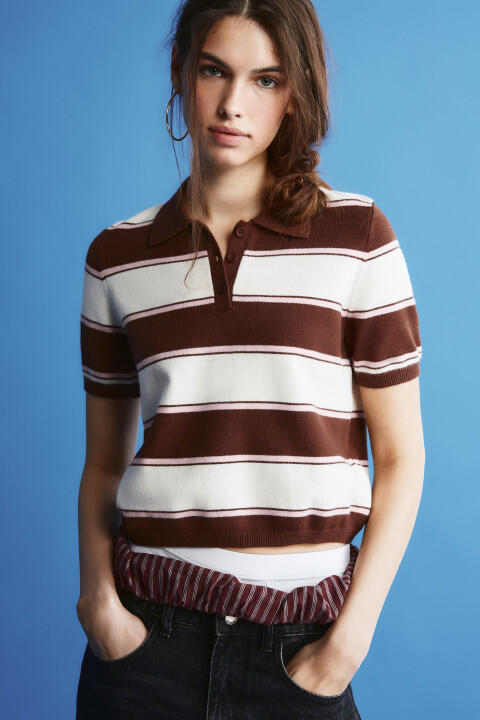 

Футболка-вязаная в полоску, Коричневый, Футболка-вязаная в полоску