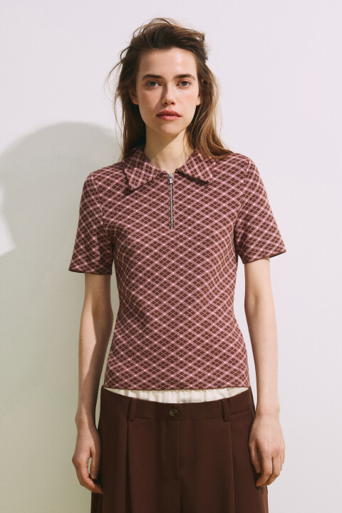 

Футболка-поло вязаная жаккардовая на молнии, Коричневый, Футболка-поло вязаная жаккардовая на молнии