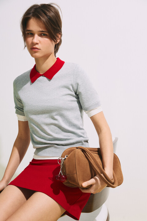 

Футболка-поло вязаная с контрастным воротником, Серый, Футболка-поло вязаная с контрастным воротником