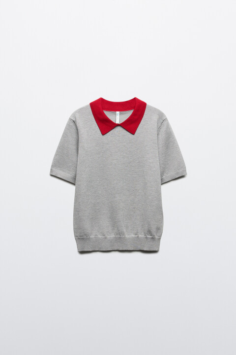 

Футболка-поло вязаная с контрастным воротником, Серый, Футболка-поло вязаная с контрастным воротником