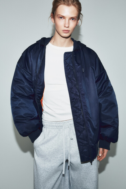 

Куртка-бомбер с капюшоном утепленная, Голубой, Куртка-бомбер с капюшоном утепленная