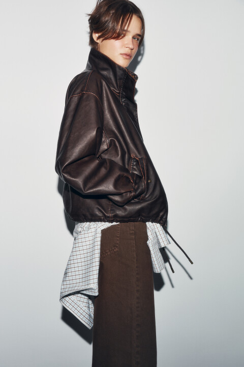 

Куртка с кожаной фактурой без капюшона утепленная, Коричневый, Куртка с кожаной фактурой без капюшона утепленная