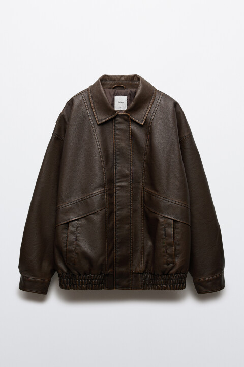 

Куртка-бомбер с кожаной фактурой без капюшона, Коричневый, Куртка-бомбер с кожаной фактурой без капюшона