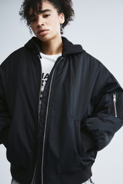 

Куртка-бомбер oversize с капюшоном, Черный, Куртка-бомбер oversize с капюшоном