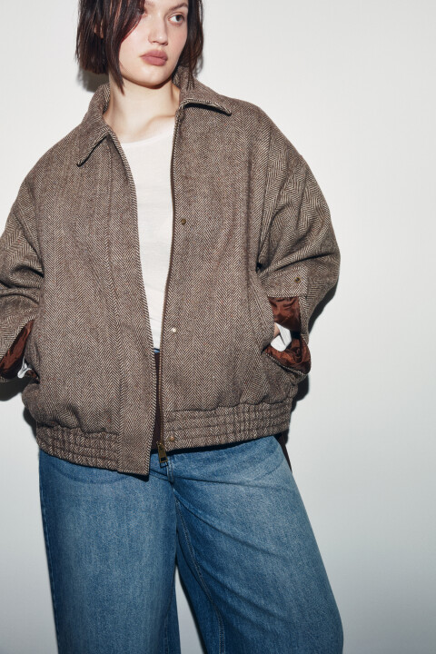 

Куртка-бомбер драповая без капюшона в елочку, Бежевый, Куртка-бомбер драповая без капюшона в елочку