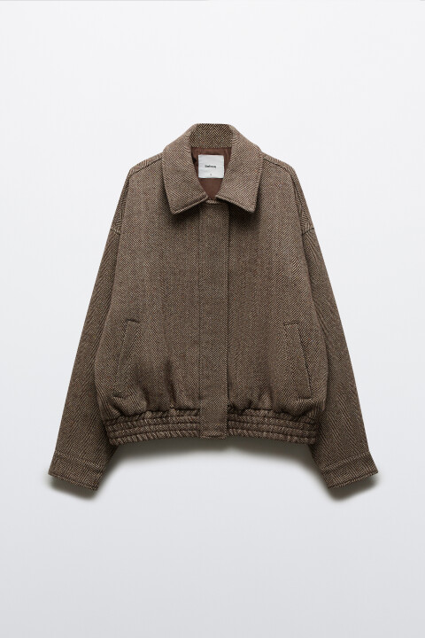 

Куртка-бомбер драповая в елочку, Бежевый, Куртка-бомбер драповая в елочку