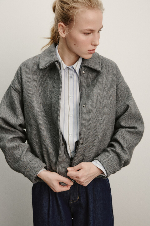 

Куртка-бомбер драповая с отложным воротником, Серый, Куртка-бомбер драповая с отложным воротником