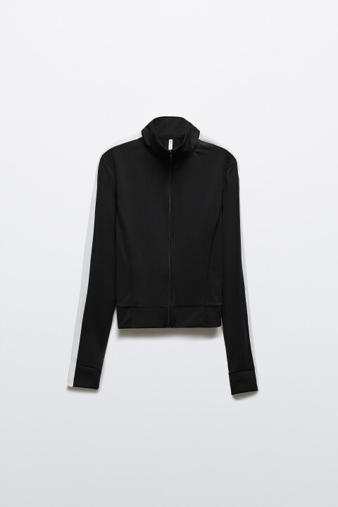 

Лонгслив спортивный облегающий на молнии с лампасами, Черный, Лонгслив спортивный облегающий на молнии с лампасами