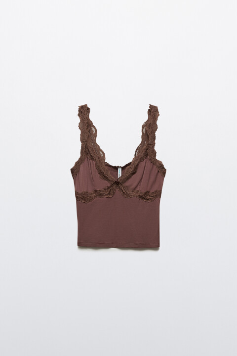 

Майка-топ домашняя облегающая с кружевом, Коричневый, Майка-топ домашняя облегающая с кружевом