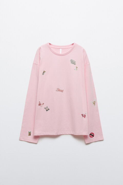 

Лонгслив хлопковый oversize со стикерами, Розовый, Лонгслив хлопковый oversize со стикерами