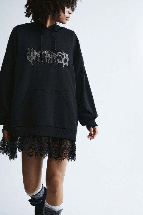 

Худи с принтом и кружевным низом, Черный, Худи с принтом и кружевным низом