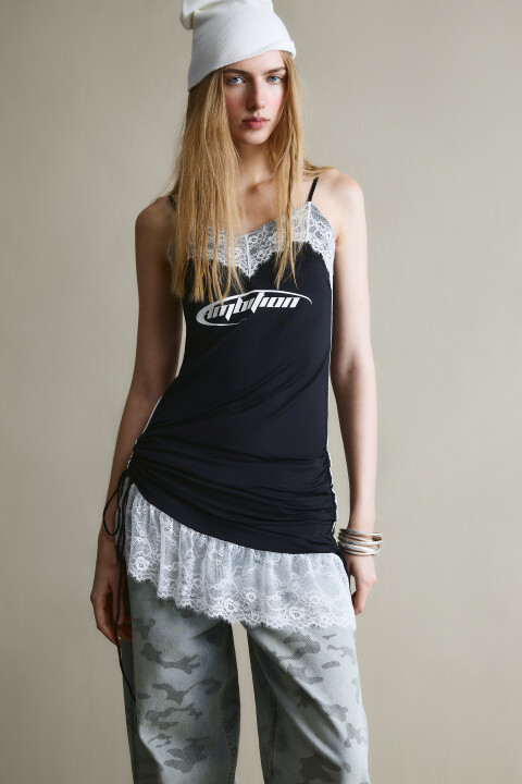 

Платье-майка мини с кружевом и оборками, Черный, платье-майка мини с кружевом и оборками