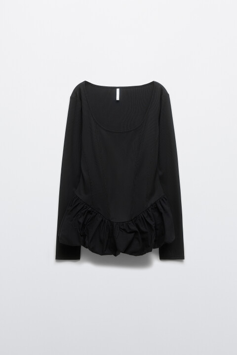 

Блузка в рубчик с баской, Черный, Блузка в рубчик с баской