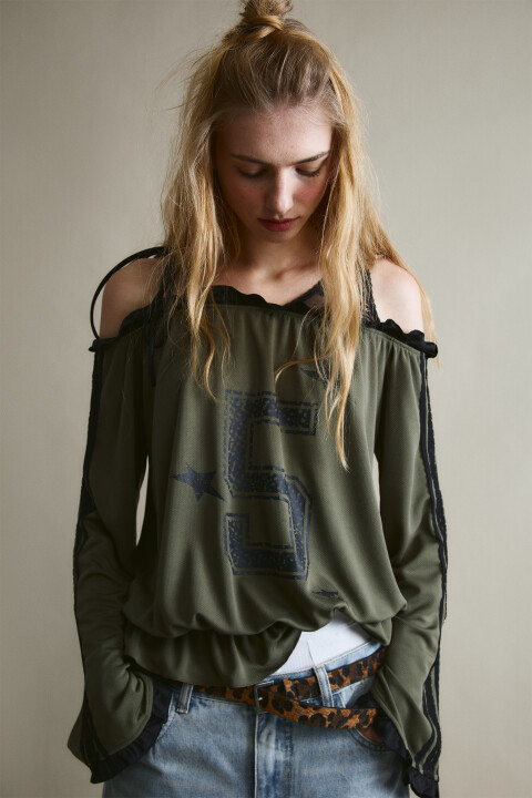 

Блузка-джерси с открытыми плечами и кружевом, Черный, Блузка-джерси с открытыми плечами и кружевом