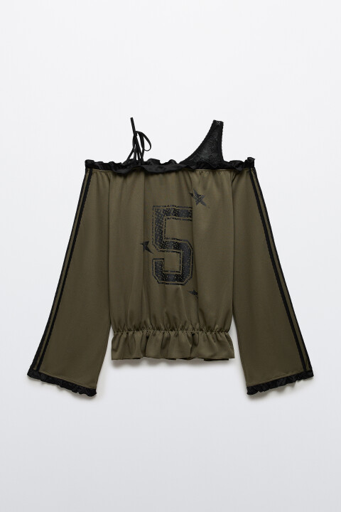 

Блузка-джерси с открытыми плечами и кружевом, Зеленый, Блузка-джерси с открытыми плечами и кружевом