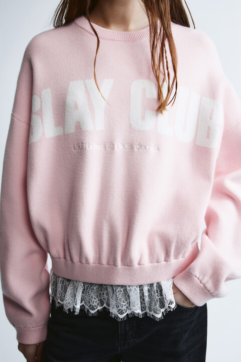 

Джемпер вязаный с надписью и кружевом, Розовый, Джемпер вязаный с надписью и кружевом