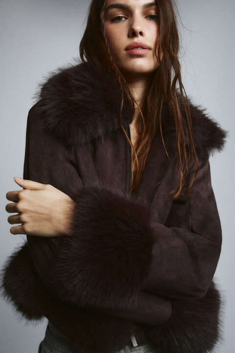 

Куртка с замшевой фактурой и опушкой, Коричневый, Куртка с замшевой фактурой и опушкой