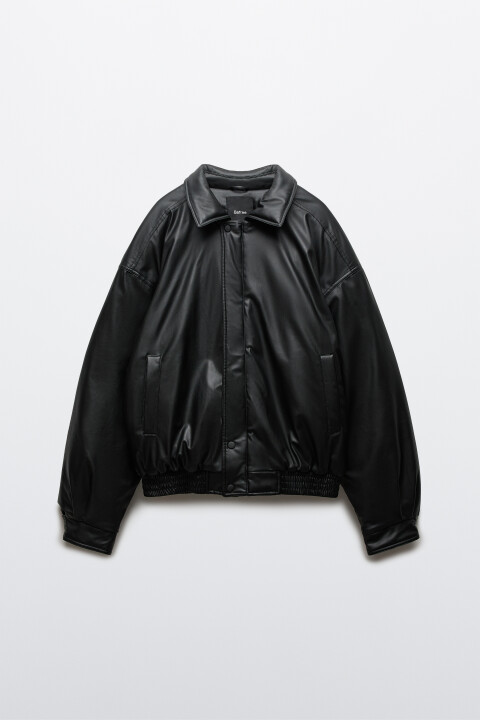 

Куртка-бомбер с кожаной фактурой без капюшона, Черный, Куртка-бомбер с кожаной фактурой без капюшона