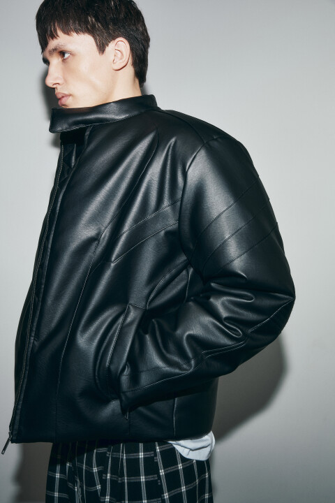 

Куртка стеганая с кожаной фактурой без капюшона, Черный, Куртка стеганая с кожаной фактурой без капюшона