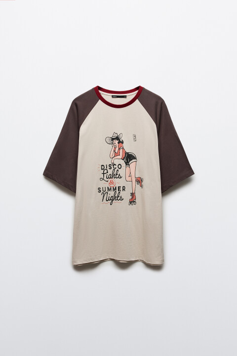 

Футболка хлопковая с принтом и контрастными рукавами, Бежевый, Футболка хлопковая с принтом и контрастными рукавами