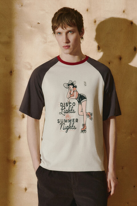 

Футболка хлопковая с принтом и контрастными рукавами, Бежевый, Футболка хлопковая с принтом и контрастными рукавами