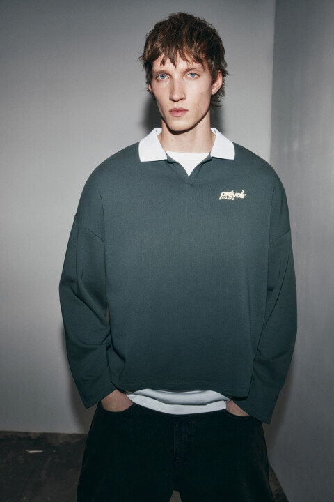 

Лонгслив-поло с надписью, Серый, Лонгслив-поло с надписью