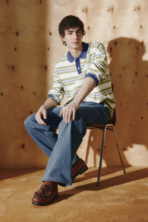 

Лонгслив-поло в полоску, Бежевый, Лонгслив-поло в полоску