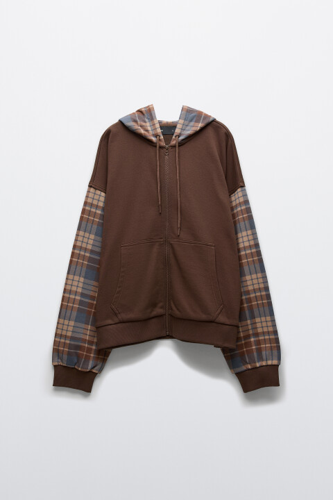 

Худи-зипка с клетчатыми вставками, Коричневый, Худи-зипка с клетчатыми вставками