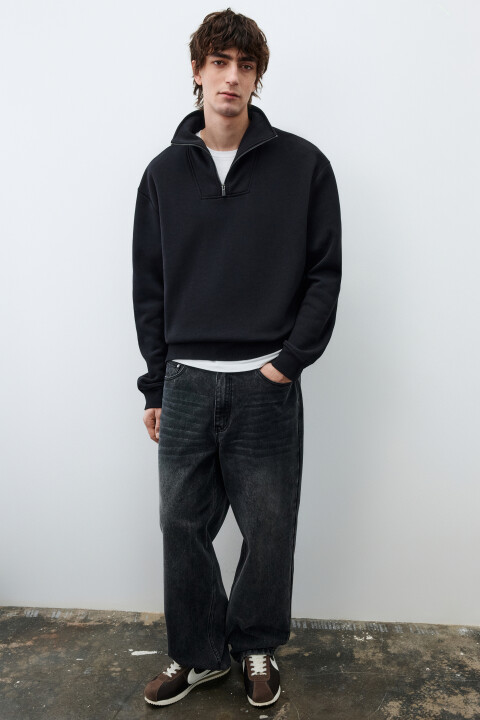 

Худи из футера с воротником-стойкой на молнии, Черный, Худи из футера с воротником-стойкой на молнии