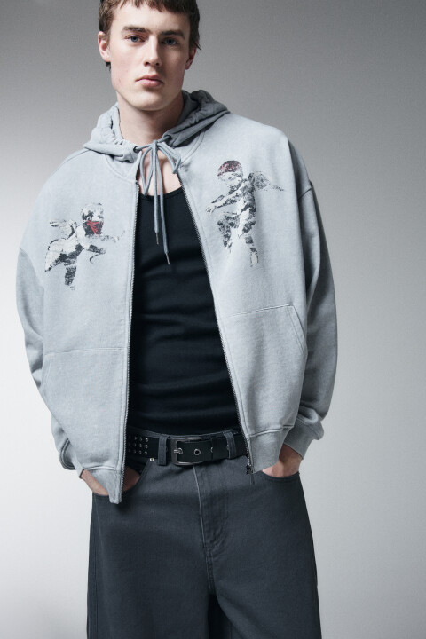 

Худи-зипка свободная из футера с принтом, Черный, Худи-зипка свободная из футера с принтом