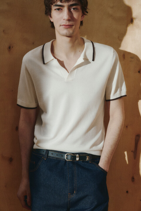 

Футболка-поло вязаная с контрастной окантовкой, Бежевый, Футболка-поло вязаная с контрастной окантовкой