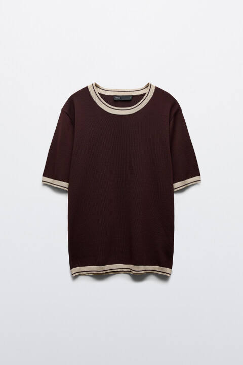 

Футболка приталенная вязаная с контрастной окантовкой, Коричневый, Футболка приталенная вязаная с контрастной окантовкой